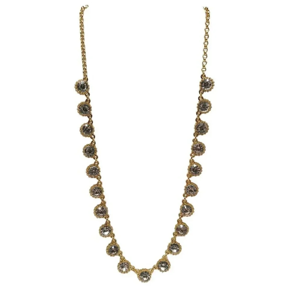 Clear Crystal Rhinestone Statement Long Necklace Gold Tone Vintage
